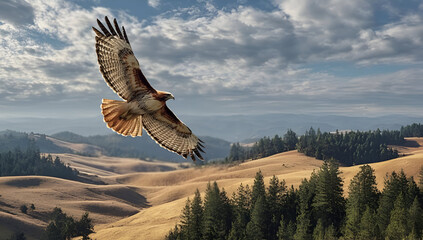 Naklejka premium A majestic hawk soars above golden hills and lush forests, capturing the beauty of nature in a serene landscape.