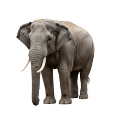 Fototapeta premium Adorable realistic elephant standing sideways and looking at the camera on white background, full body, perfect for wildlife, zoo, or nature concepts.