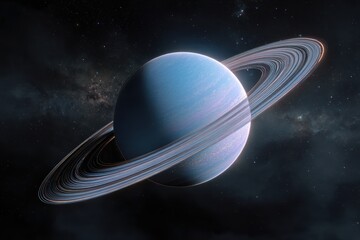 Bright Blue Ringed Planet in Deep Space - Cosmic Background Art