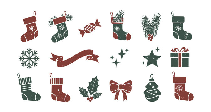 Retro christmas icons collection with holiday decor elements in red and green