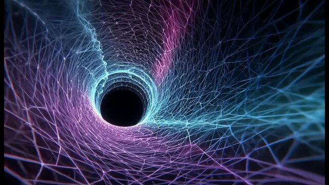 Cosmic Gateway: A mesmerizing visual of a black hole, depicted with intricate, interwoven lines of light, suggesting the mystery of the cosmos and the vastness of space.