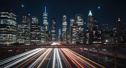 Obraz premium Nighttime cityscape with blurred traffic trails, tall buildings, lit bridges, and a dark sky