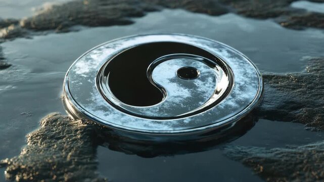 A round metal manhole cover with a yin-yang symbol embossed on it.
