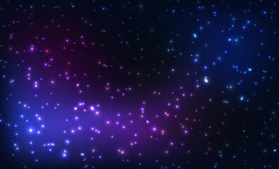 Obraz premium Navy winter sky background with shining stars and nebula glow. Cosmic space galaxy with purple blue pink twinkling lights and stardust