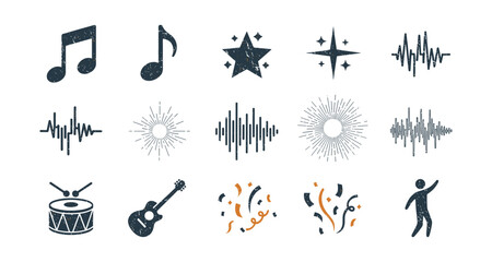 Grunge music icons and celebratory elements set