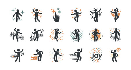 Joyful dance icons set with expressive stick figures and music elements