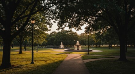 Fototapeta premium Park scene with fountains, walking path, trees, streetlamps in the early morning light