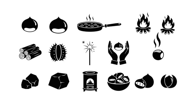 Chestnut icon set featuring cooking, campfire, and seasonal elements in silhouette style