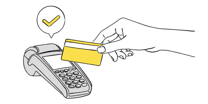 クレジットカードを決済端末にかざす手の線画イラスト,キャッシュレス,非接触,支払い,金融,ベクター