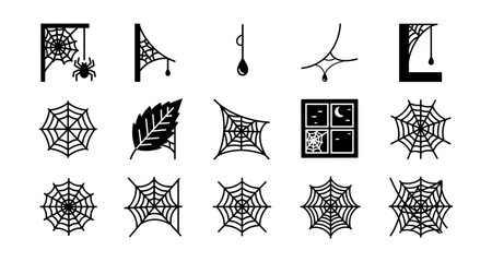 Black and white spider web icons for halloween and nature themes