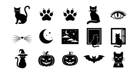 Obraz premium Halloween cat silhouettes: pumpkins, moons, and more for spooky designs