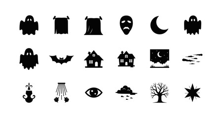 Obraz premium Spooky halloween icon set with ghosts, bats, and haunted houses