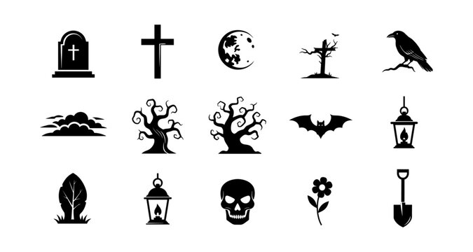 Spooky halloween silhouettes collection with skulls, bats, and tombstones