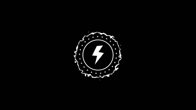 White Lightning Bolt Icon Inside Circular Jagged Outline on Black Background symbol energy