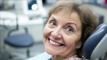 An elderly woman smiles while seated in a dentist's chair for her hygiene checkup, emphasizing the importance of oral health and regular visits to medical professionals.