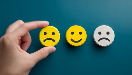 A hand selecting a happy emoticon among sad and neutral faces, symbolizing emotional choice and expression.