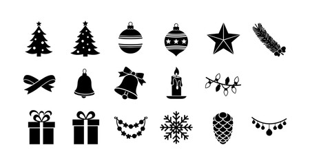 Festive christmas icon set featuring silhouettes of trees, ornaments, and seasonal decor elements