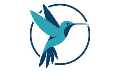 Obraz premium Vibrant blue hummingbird in flight emblem with circular frame elegant bird logo