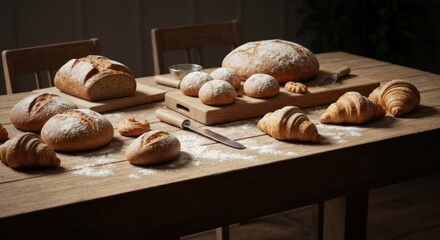Rustic wooden table laden with assorted freshly baked breads, croissants, and rolls, dusted with flour