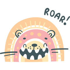 Whimsical hand drawn lion face with open mouth roaring and playful rainbow arch in soft pastel colors on a transparent background