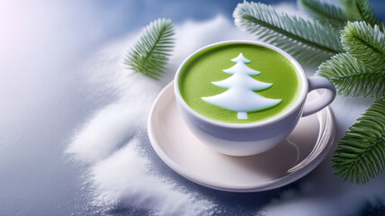 A white cup of green tea Matcha Latte art with snow and pine branches creating cozy winter atmosphere background. Concept for holiday Christmas and New Year drinks. Generated image