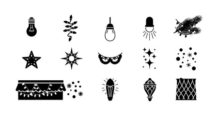 Silhouette christmas icons: lights, stars, and festive decor elements