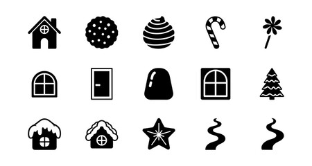 Collection of holiday icons: candy, gingerbread, and festive decorations in black and white