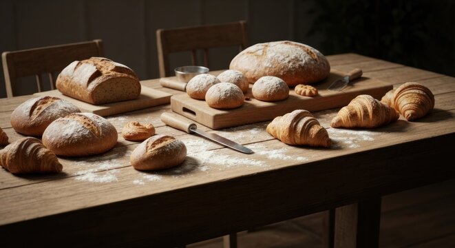 Rustic wooden table laden with assorted freshly baked breads, croissants, and rolls, dusted with flour - Powered by Adobe