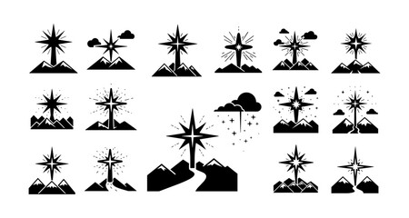 Set of minimalist star and mountain silhouettes with clouds and sparkles