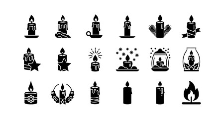 Stylish candle icons: diverse designs for warm ambiance in silhouette style