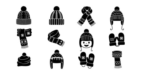Silhouette winter hats and scarves collection with mittens and beanies