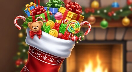 Christmas Stocking Overflowing with Gifts and Treats by the Fireplace.