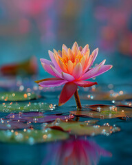Macro Glowing Lotus Flower in Dreamy Pastel Pond with Radiant Water Reflections Captured with 85mm Lens