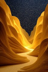 Layered Gold Ribbons Creating Canyon Perspective with Snow Mist and Stardust – Subtle Vignette and Clean Center Path for Text