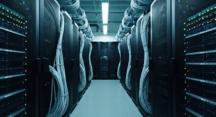 Servers in a data center hallway with overhead cables and racks of hardware