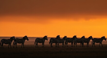 Fototapeta premium Silhouetted zebras graze across savanna beneath a fiery orange sunset, hinting at a vast landscape
