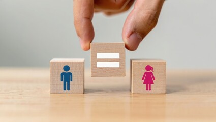Hand placing equality symbol between male and female icons on wooden blocks