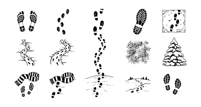 Winter footprints collection: hiking bootprints and snowy trail designs