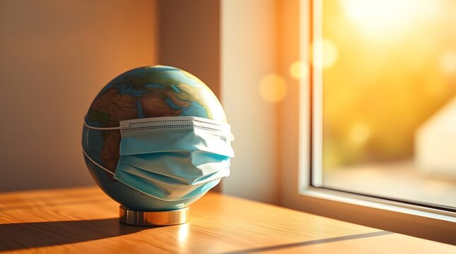 Symbolic image of a world globe wearing a white medical mask, representing global health crisis, pandemic awareness, protection, and unity under warm sunlight during a worldwide outbreak. - Powered by Adobe