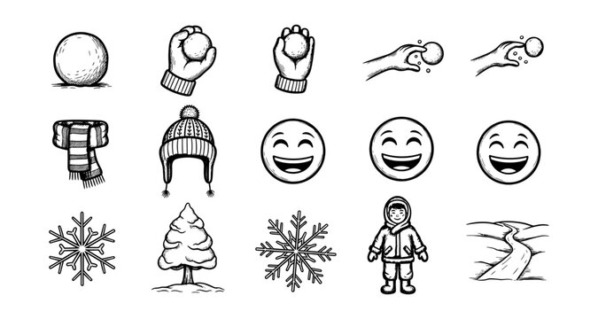 Winter holiday black and white emoji snowball clipart set: hand drawn emotions and seasonal elements