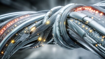 A close-up of a futuristic cable or wire made of interwoven metallic and flexible fibers with bright glowing dots.