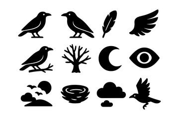Obraz premium Bird silhouettes and nature icons in black and white