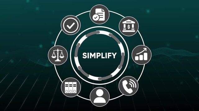 Simplify business processes with icons for finance law growth communication and organization digital abstract background