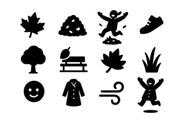 Autumn icons set: leaf, fun, and fall activities in black silhouette style