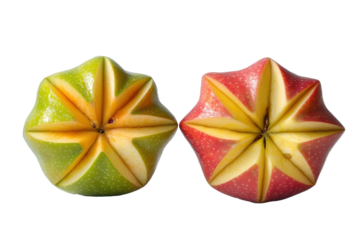 Star fruit slices carved into decorative shapes isolated on transparent background. Half cut star shaped apple next to whole fruit isolated on white background.