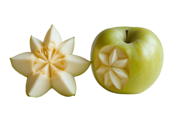 Green apple carved into a flower shape isolated on transparent background. Half cut star shaped apple next to whole fruit isolated on white background.