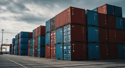 Stacked shipping containers, blue and red, under a cloudy sky, at a port