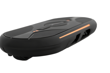 Modern black hoverboard with orange light isolated on transparent background. Wheel self balancing electric skateboard with matt black color isolated on white background, 3d rendering.