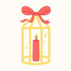 Christmas lantern with two glowing candles and festive holiday decor