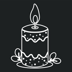 Outline christmas candle with ornament and festive pine leaves design